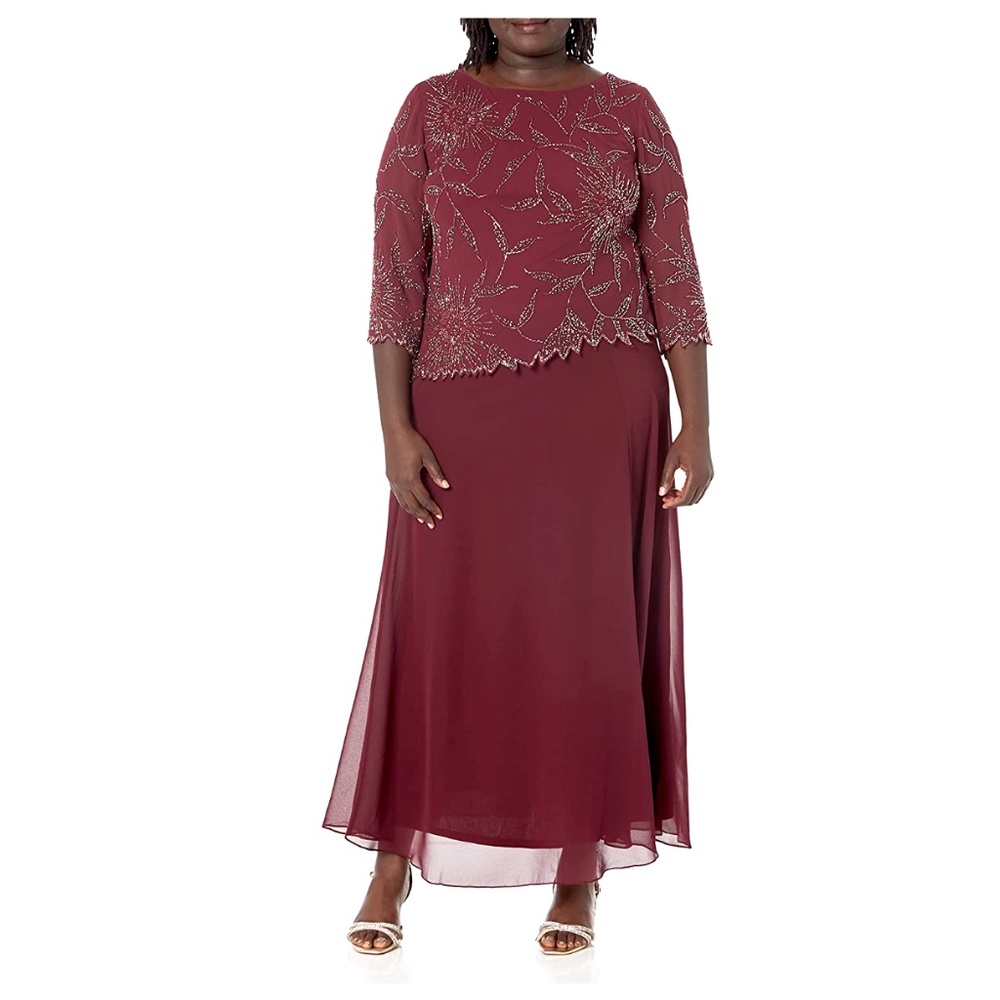 J Kara Women's 3/4 Sleeve Beaded Mock 2 Piece Dress Cranberry/Multi 12P - Picture 3 of 12